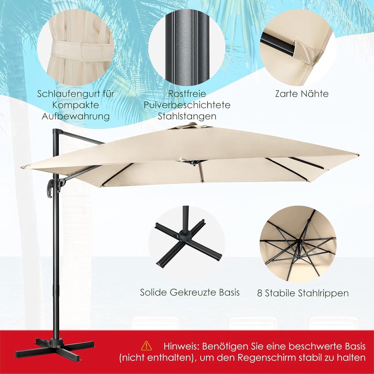 Luxe Vierkante Zweefparasol 300x300 cm - Kantelbare Tuinparasol met Zwengel, 360° Draaibaar, UV-Bestendig & Waterafstotend - Beige (9505393191836)