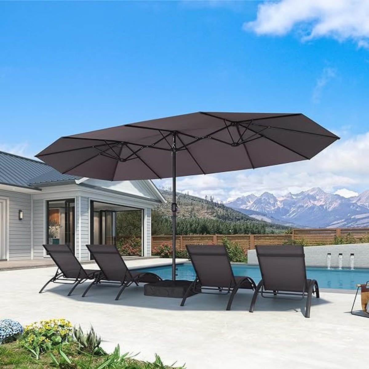 Luxe XXL Dubbele Ovale Zweefparasol 455 x 270 cm met Draaihendel, UV-Bescherming, Inclusief Voet en Zandzakken - Extra Grote Tuinparasol voor Terras, Balkon en Horeca - Grijs (9502582438215)