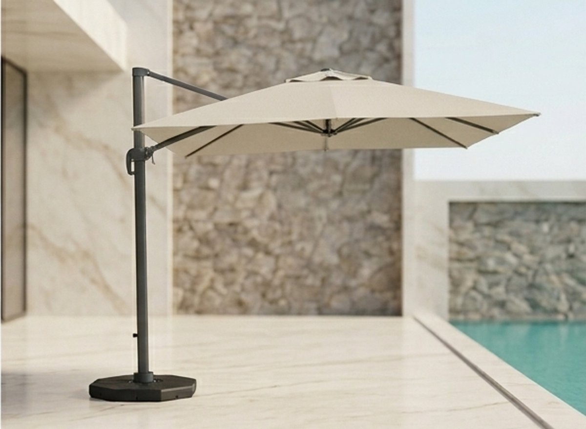 Luxe Zweefparasol 300x300 cm Vierkant - 360° Draaibaar, Kantelbaar, UV-bestendig, Met Zwengel - Grote Hangparasol voor Tuin, Terras & Horeca - Beige Mobili Bella (9504727595944)