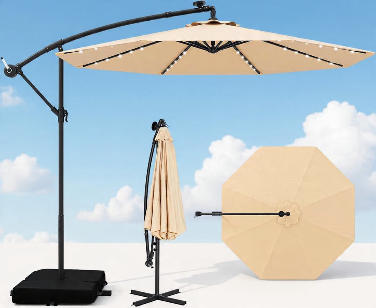 Luxe Zweefparasol Ø300 cm met LED Verlichting, Kantelbaar & Inclusief Standaard en Zandzakken, UV-Bescherming, Waterafstotend, Grote Tuin- en Terrasparasol Beige (9507369516612)