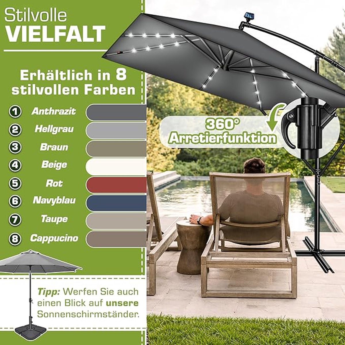 Luxueuze 330x330 cm Aluminium Zweefparasol met LED Verlichting en Windbescherming - 360° Draaibaar en Waterdicht (9509276487917)