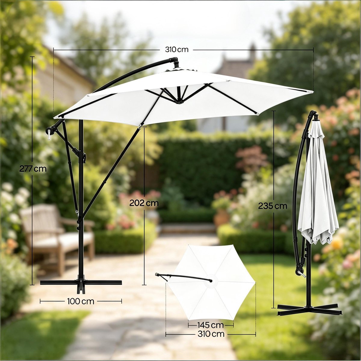 MIVRAY Zweefparasol - 310 x 310 cm - Kantelbaar en Opvouwbaar - Metaal en Polyester - Donkergrijs - Voor Tuin en Terras (4071223347582)