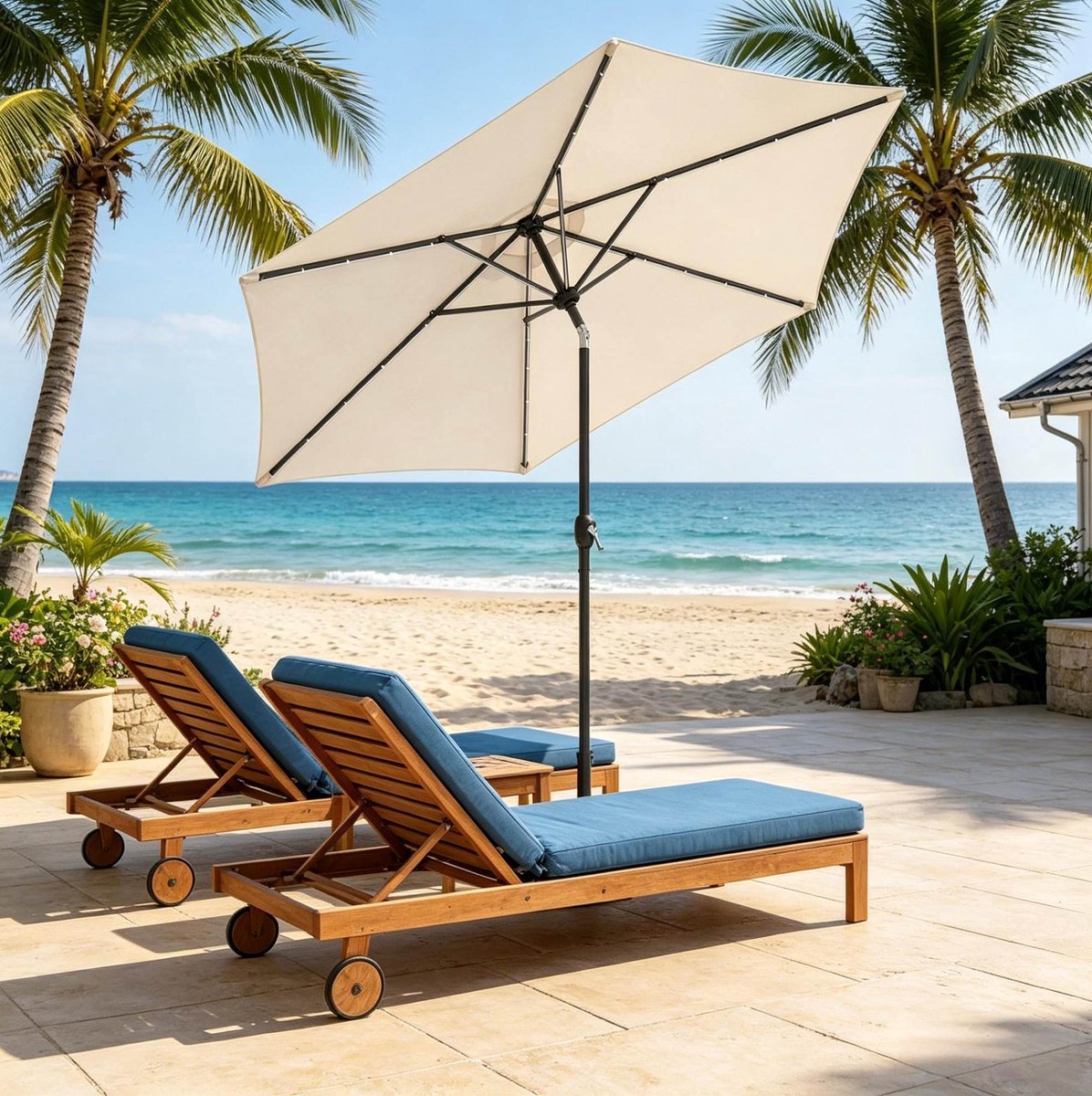 MIVRAY Zweefparasol - Ø 292 cm - Kantelbaar Met Zwengel En LED Solarverlichting - IJzer En Polyester - Beige - Balkon, Tuin En Terras (4071223400881)