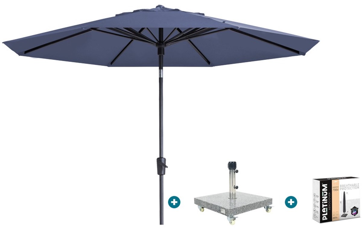 Madison Paros 2 Luxe stokparasol 3 m. rond - Safier blue met Sevilla voet en hoes (6154113273296)