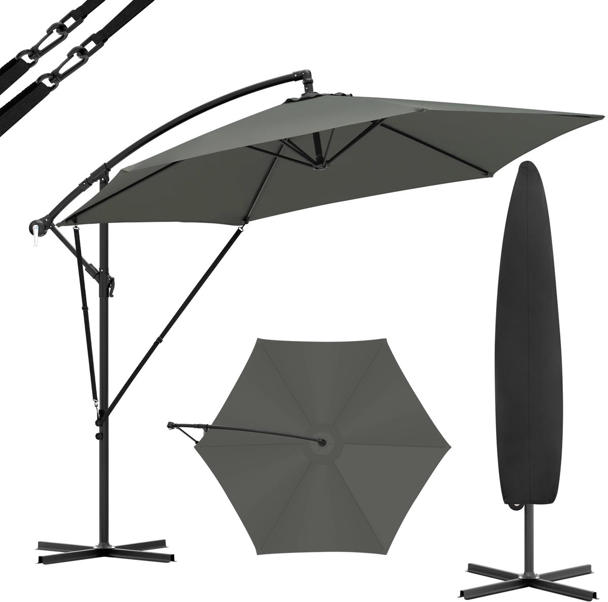 Milova Parasol - Met standaard - Zweefparasol - Zonwering - UV bescherming - Kantelbaar - Draaibaar - Grijs - Buiten - Tuinmeubelen - Tuinparaplu - Zomerartikelen (8721447772092)