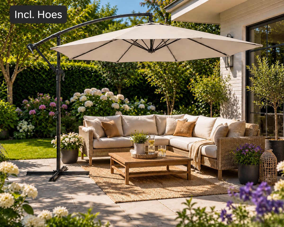 Noviq Zweefparasol Beige Ø300 cm met Beschermhoes - UV50+ - Stalen Frame - Inclusief Kruisvoet (8721398139067)