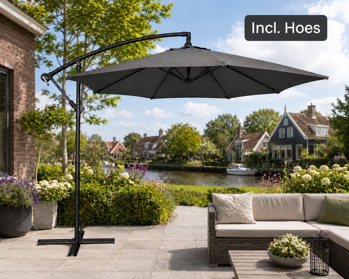 Noviq Zweefparasol Grijs Ø300 cm met Beschermhoes - UV50+ - Stalen Frame - ook Inclusief Kruisvoet (8721398139050)