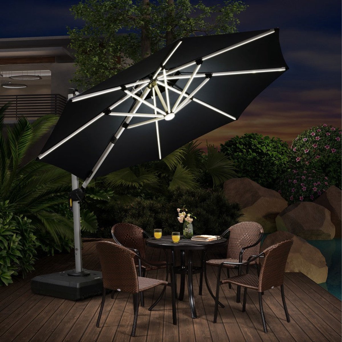 PURPLE LEAF Ronde Parasol - 360° Draaibaar - Ingebouwde LED-verlichting - UV50+ - Windbestendig - Stijlvolle Zweefparasol (8683769594533)