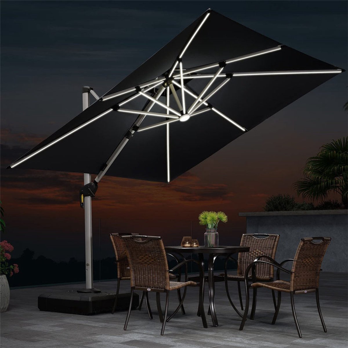 PURPLE LEAF Vierkant Parasol - 360° Draaibaar - Ingebouwde LED-verlichting - UV50+ - Windbestendig - Stijlvolle Zweefparasol (8683769594588)