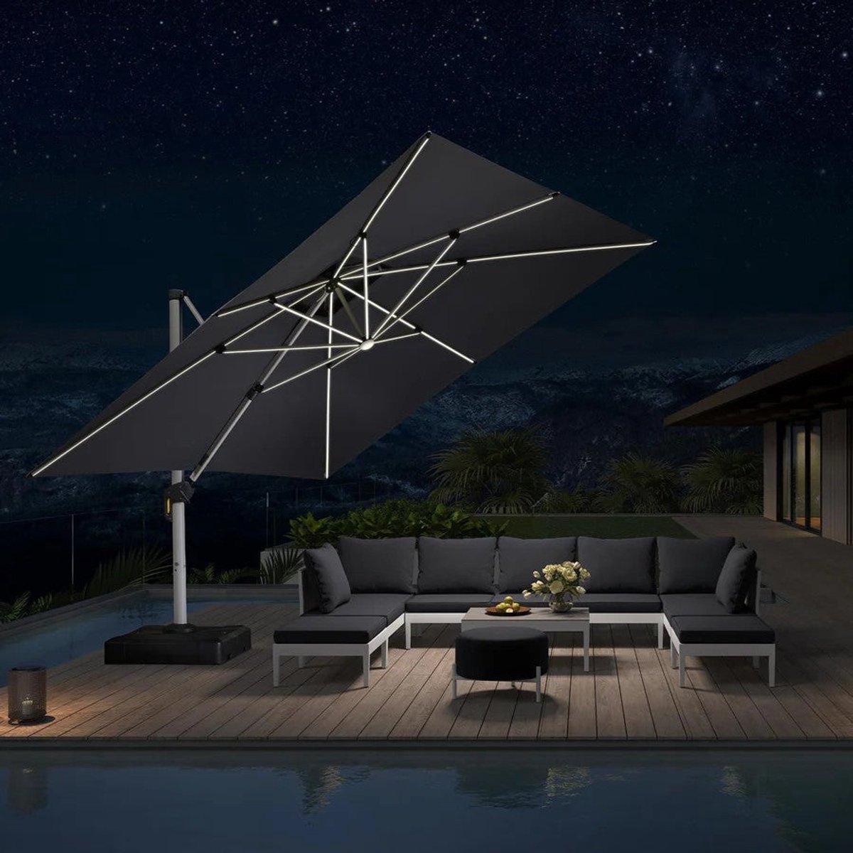PURPLE LEAF Vierkant Parasol - 360° Draaibaar - Ingebouwde LED-verlichting - UV50+ - Windbestendig - Stijlvolle Zweefparasol (8683769594656)