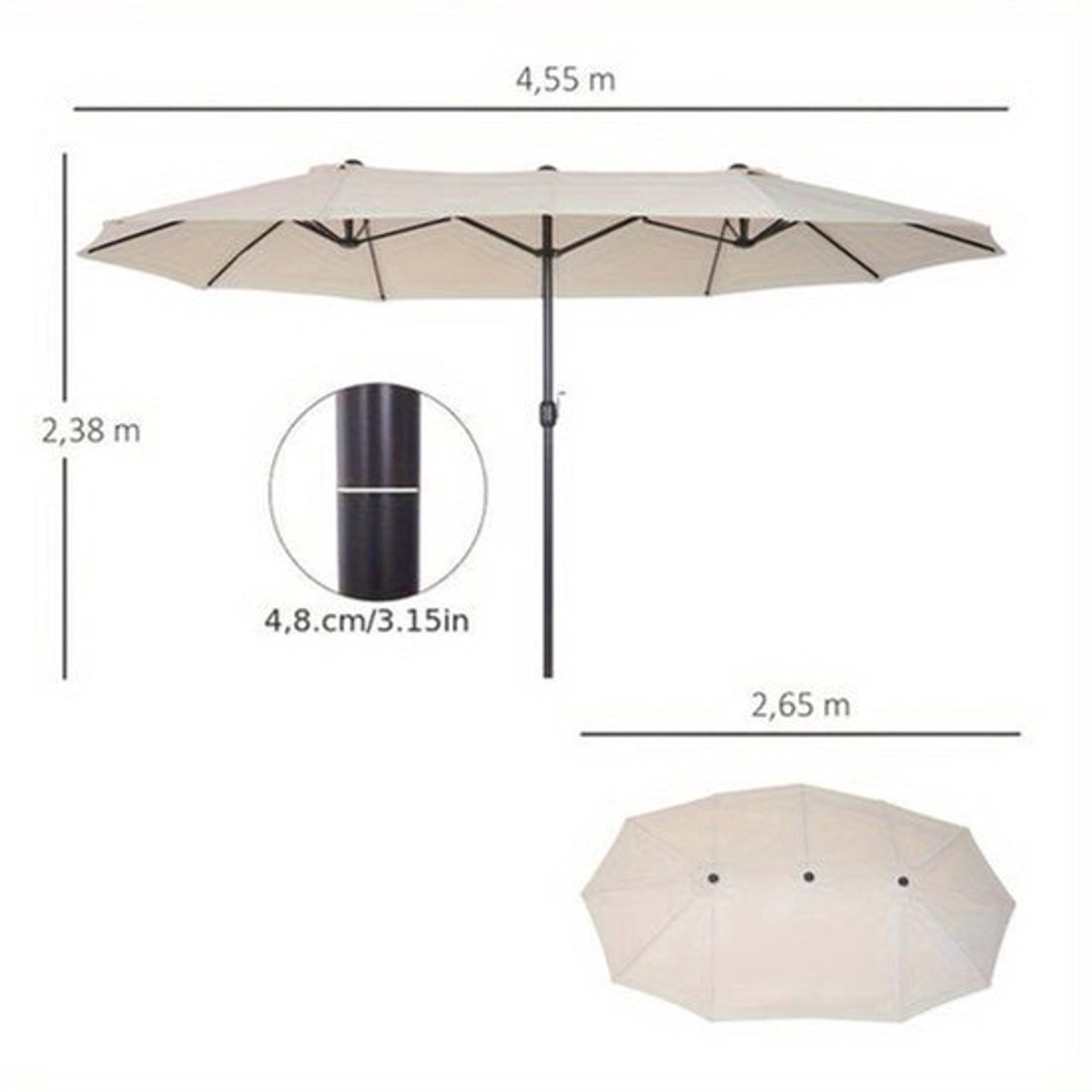 Parasol - Tuinparasol - Stokparasol - Marktparasol - Balkonparasol - Dubbel Laags Doek - Handmatige Handkrik - Beige Ovaal 455x270x240 cm (9113762147614)