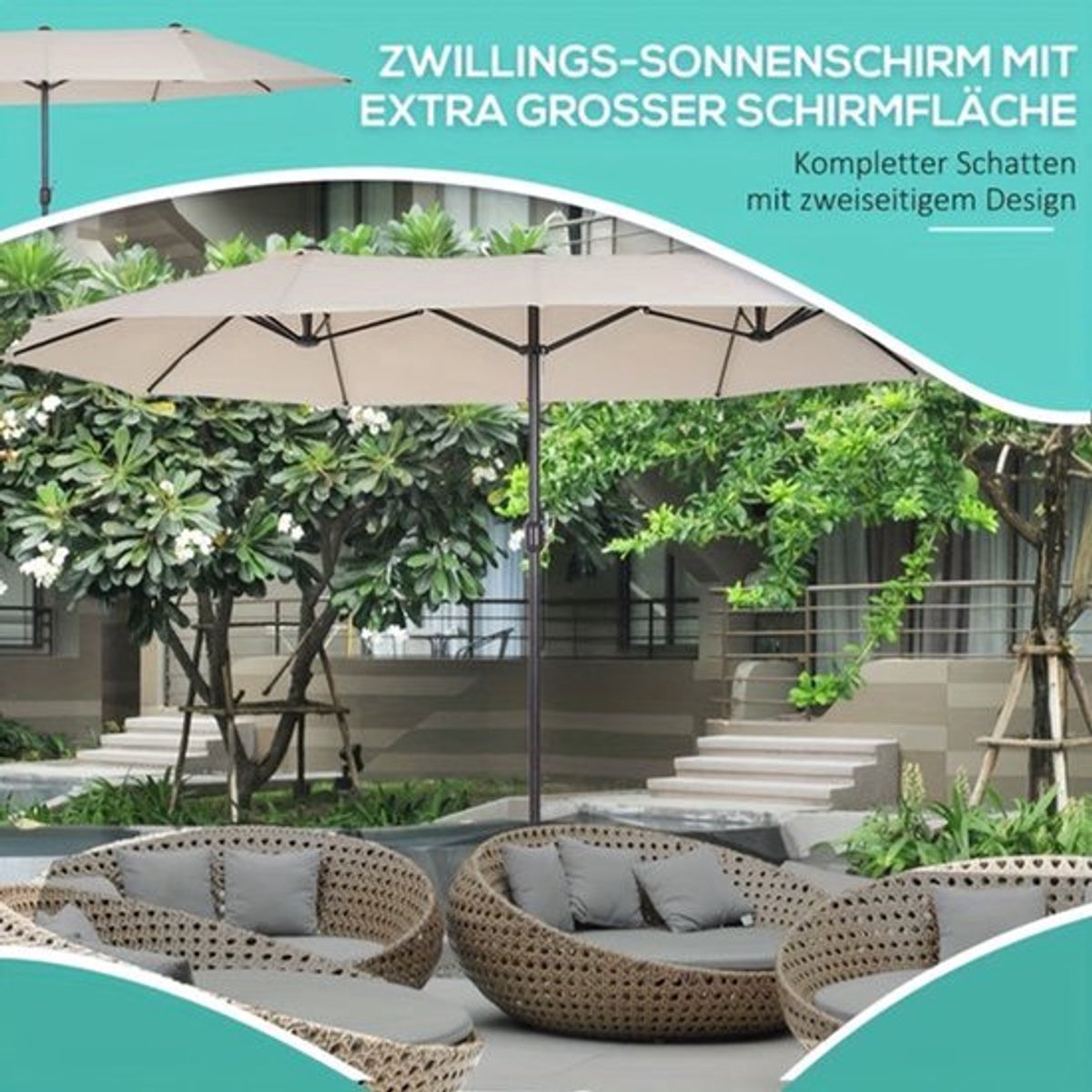 Parasol - Tuinparasol - Stokparasol - Marktparasol - Balkonparasol - Dubbel Laags Doek - Handmatige Handkrik - Beige Ovaal 455x270x240 cm (9113765777320)