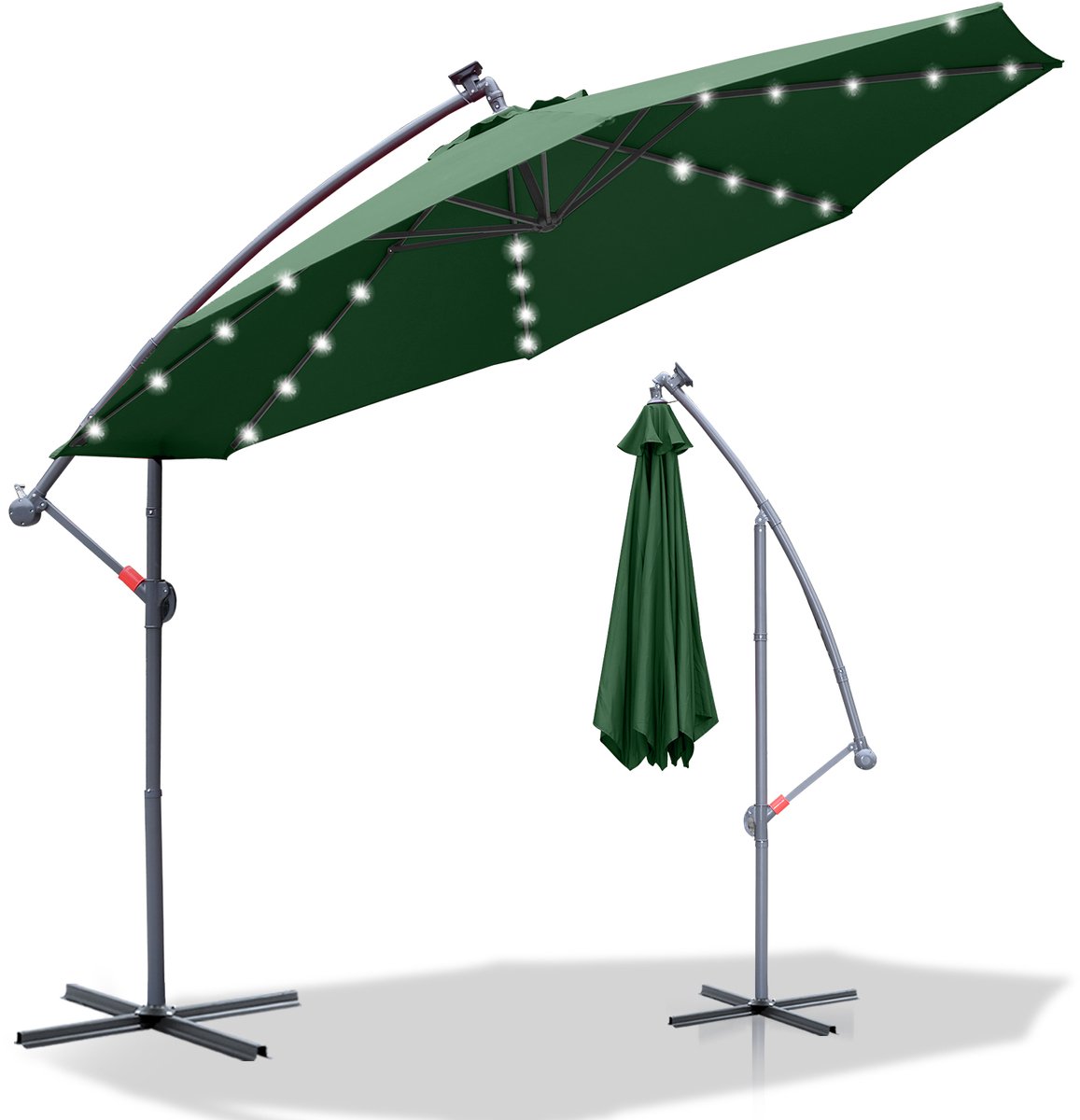Parasol met Standaard 300 cm - Zonwering voor Balkons, Tuinen en Terrassen - Grote Zweefparasol met Zwengelsysteem - Stevig Frame - Met LED - Groen (9178524816238)