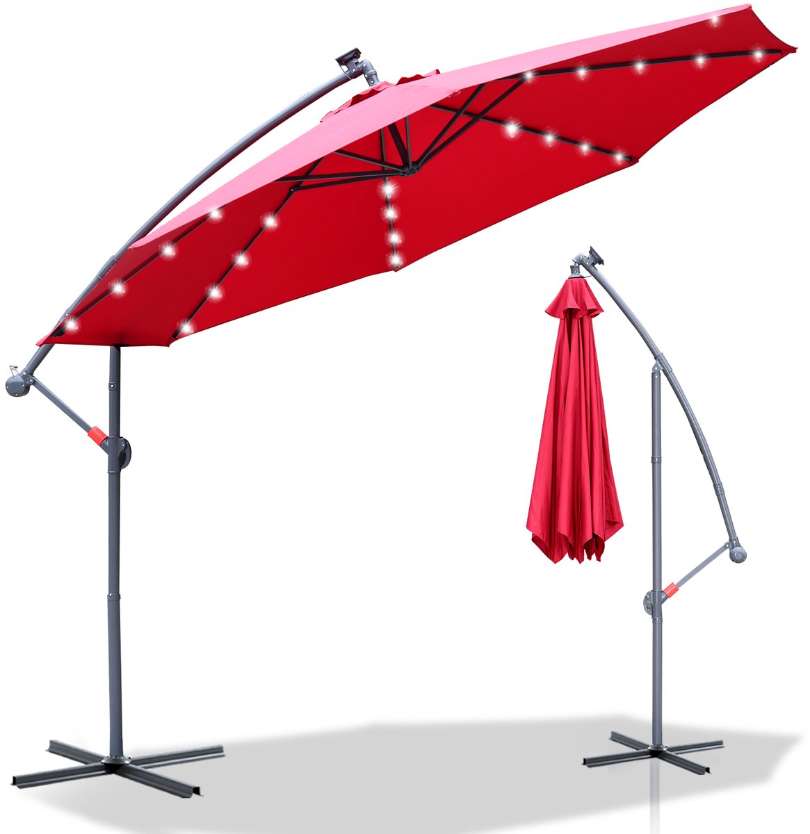 Parasol met Standaard 300 cm - Zonwering voor Balkons, Tuinen en Terrassen - Grote Zweefparasol met Zwengelsysteem - Stevig Frame - Met LED - Rood (9178524816245)