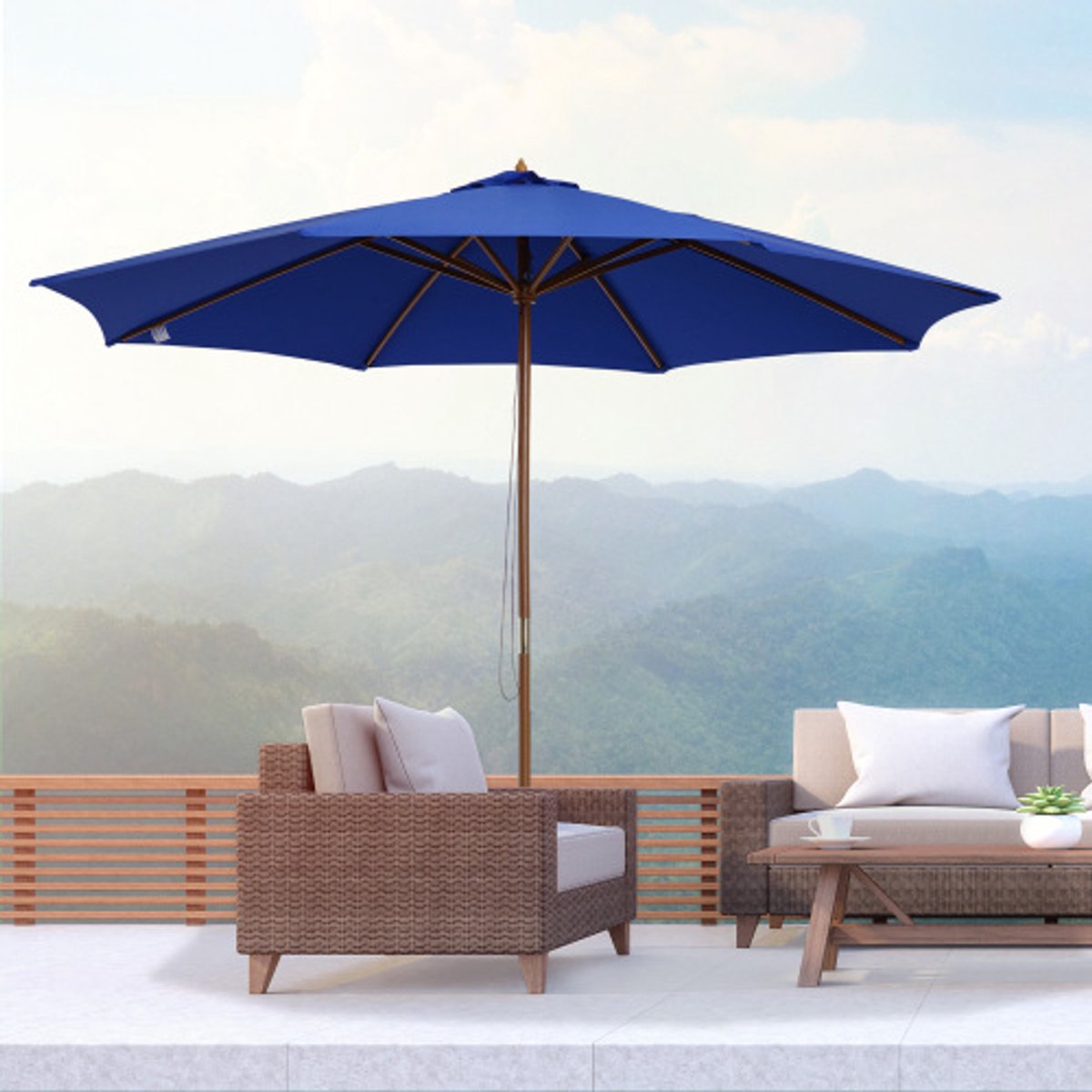 Parasol voor balkon, 300 cm zweefparasol, houten tuinparasol, balkonparasol, bamboe, blauw (8581502848434)