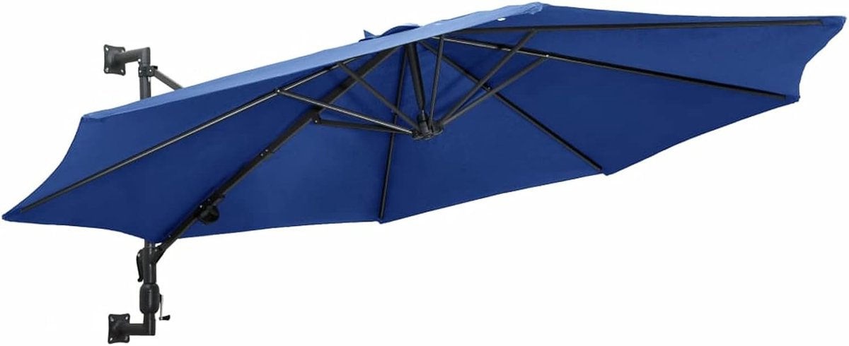 Parasol wandmontage met metalen mast wandparasol met het zwengelsysteem & 8 ribben zonnescherm balkonscherm tuinscherm terrasparasol marktscherm tuinscherm 300 cm blauw (2035881967270)