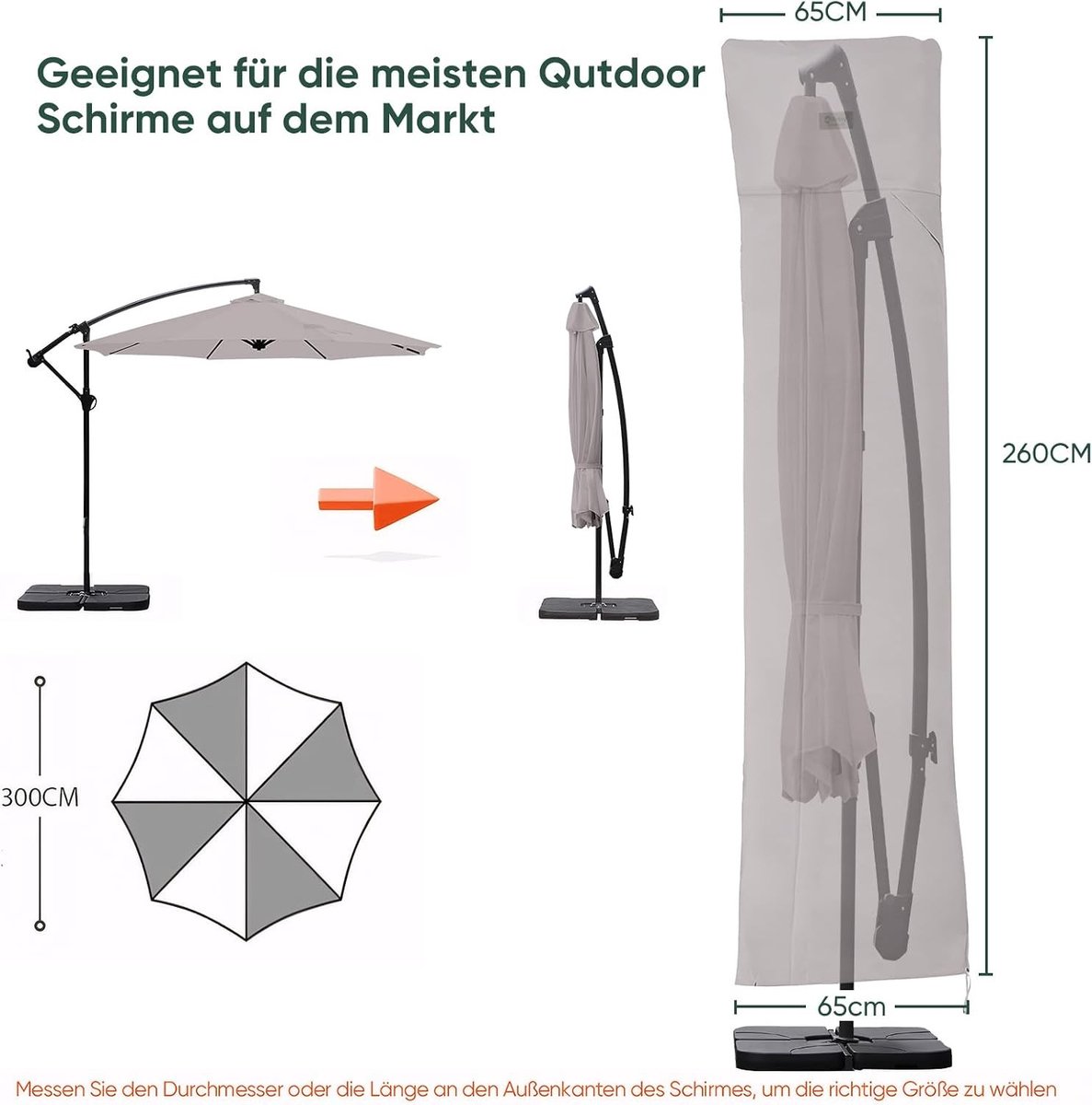 Parasolhoes met rits en stok - Grijs - 260 x 65 cm - Waterafstotende Polyester Beschermhoes - Voor Zweefparasol (2314894690420)