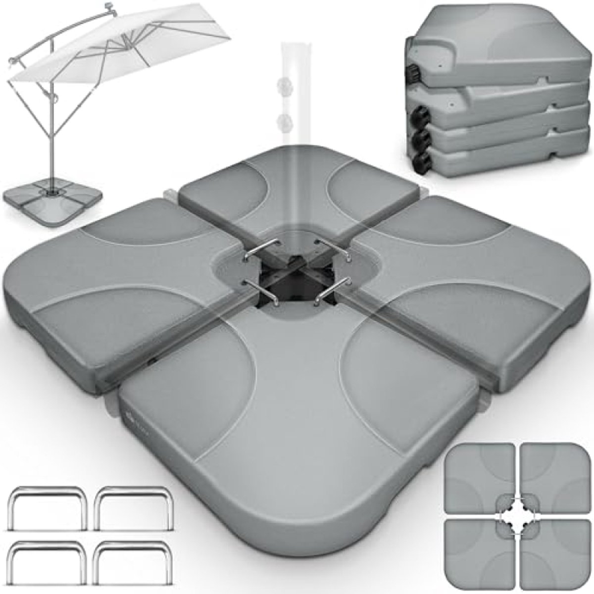 Parasolstandaard 60 liter / 80 kg, 4-delig voor zweefparasol, incl. metalen verbindingsstukken, te vullen met water of zand, weerbestendig, grijs (8785365357687)