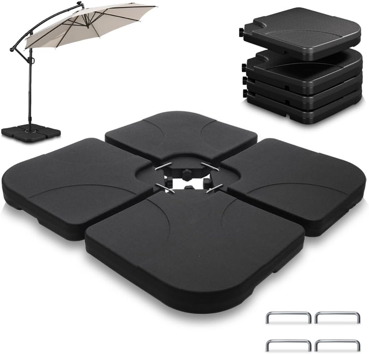 Parasolvoet 4-delig, Vulbare Parasol Tegels voor Zweefparasol Bodemkruis, HDPE Schermgewichten met Handvat, Vulbaar met Water of Zand 60L / 100kg, Zwart (2404028046114)