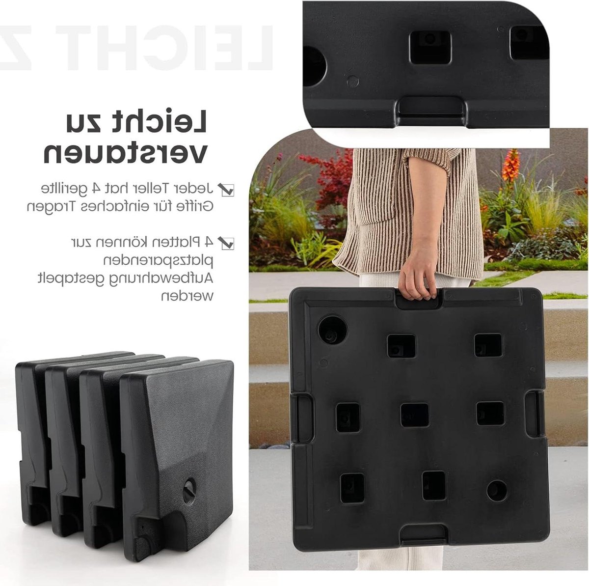 Parasolvoet Vulbaar - Parasolstandaard Zweefparasol - Terras Stabiliseren - 4 Delige Platen - 108 kg Zand - Zwart (9101417915657)