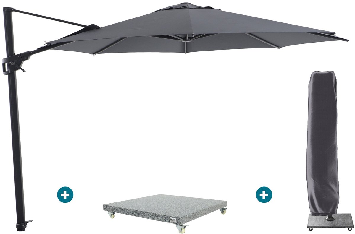Perfect Shadow Luna ronde zweefparasol Ø350 cm. Flex+ Antraciet met Valencia voet en hoes (6154126831841)