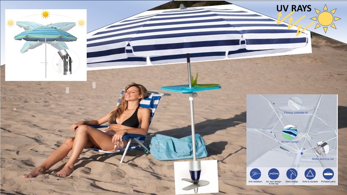 Pincho - LUXE ALUMINIUM STRANDPARASOL 200 cm & LANGE ZANDBOOR (Grondboor) - Blauw Wit Gestreept- Verstelbaar & Kantelbaar - Windvaan - Draagtas - Fiber Baleinen - UV Bescherming 99% UPF50 -Strandparasol - Stokparasol - Tuinparasol (7442940399302)