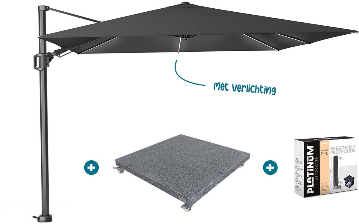 Platinum Challenger Zweefparasol T2 Premium Glow 3x3 m. - Faded Black met voet en hoes (6097331171121)