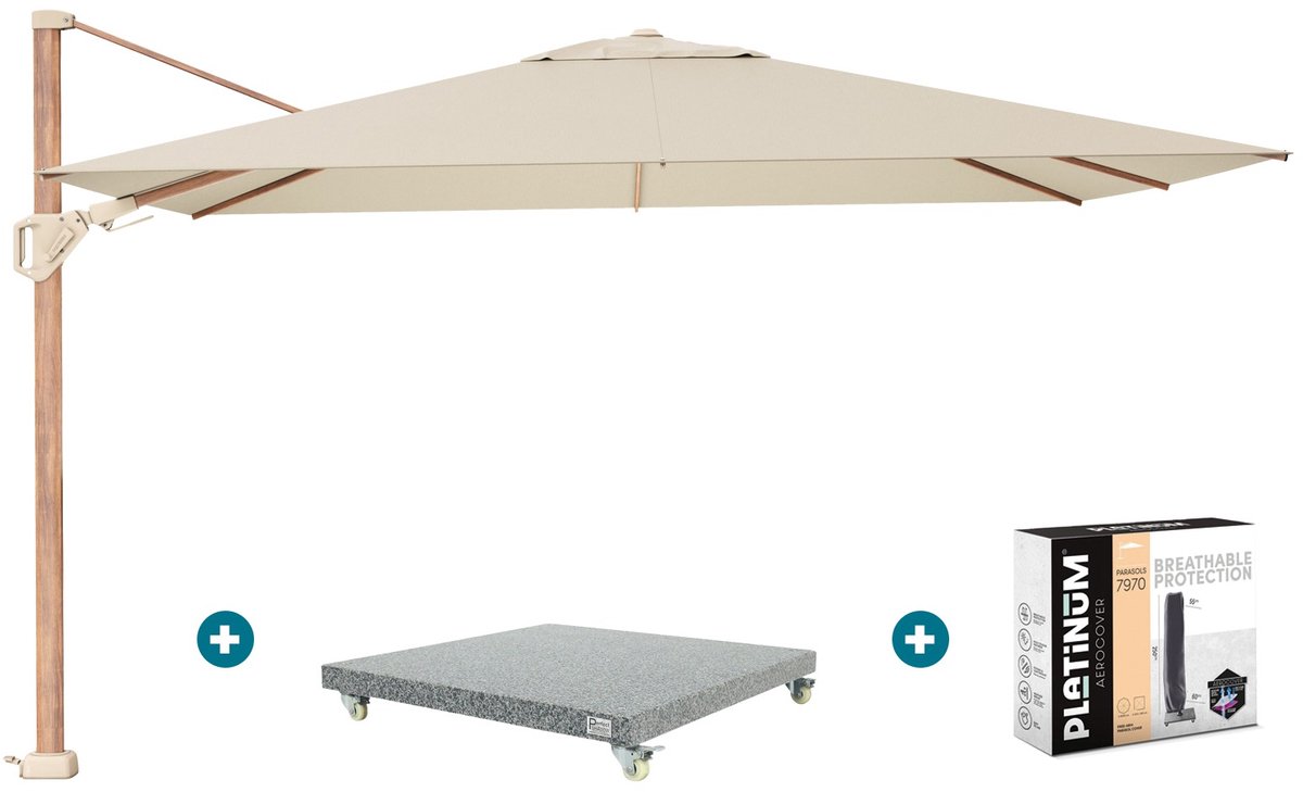 Platinum Challenger zweefparasol Premium T2 2,6x3,5 m - Champagne teak + voet en hoes (6097329775713)