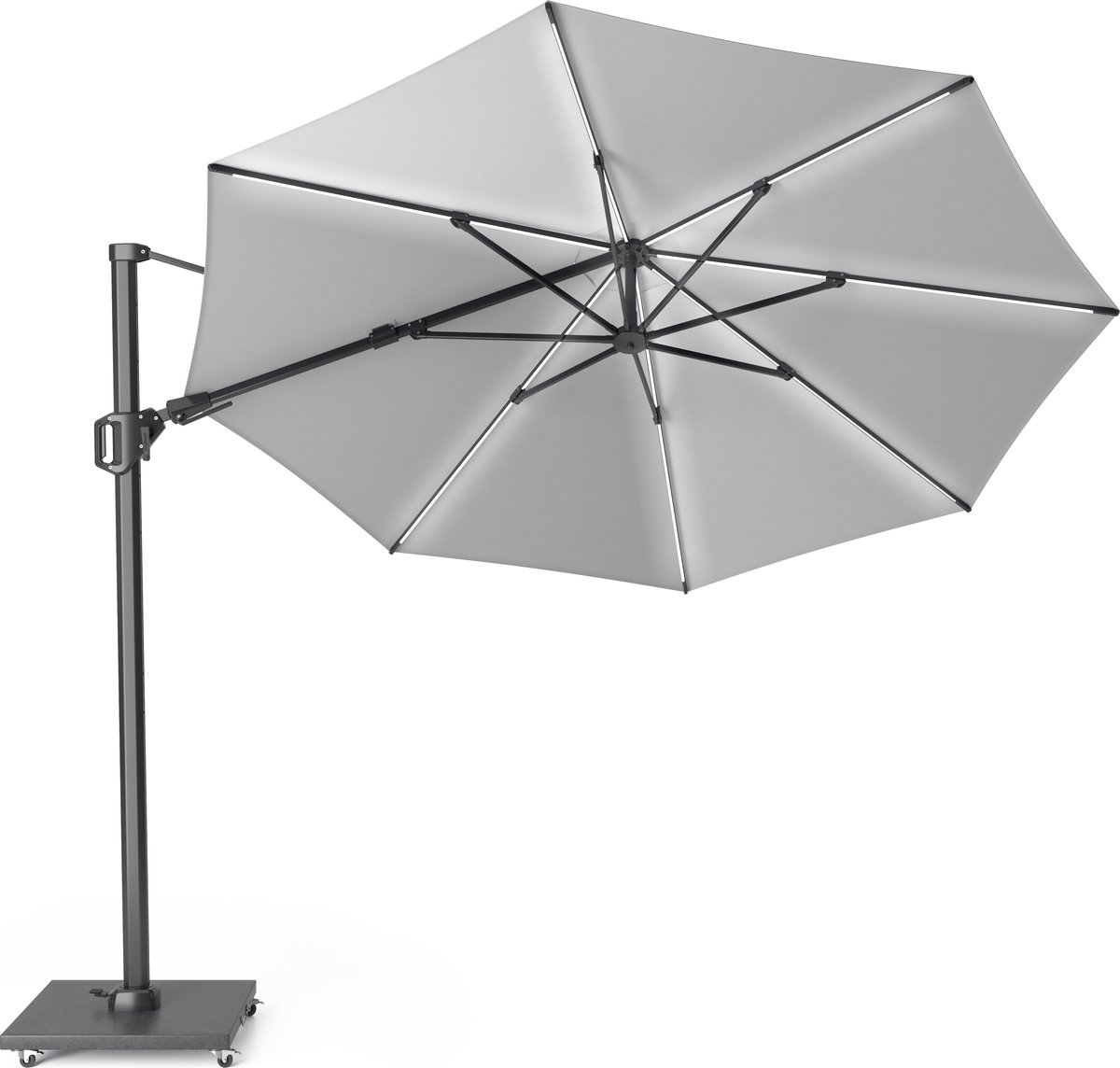 Platinum Sun & Shade - Zweefparasol - Challenger T² Glow - Ø350 cm - Lichtgrijs - Dubbel Kantelbaar - 360° Draaibaar - 96% UV protectie (8720039160705)