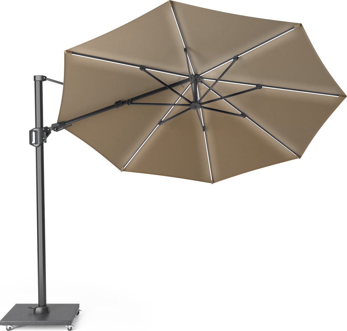 Platinum Sun & Shade - Zweefparasol - Challenger T² Glow - Ø350cm - Taupe - Dubbel Kantelbaar - 360° Draaibaar - 96% UV protectie (8717591777823)