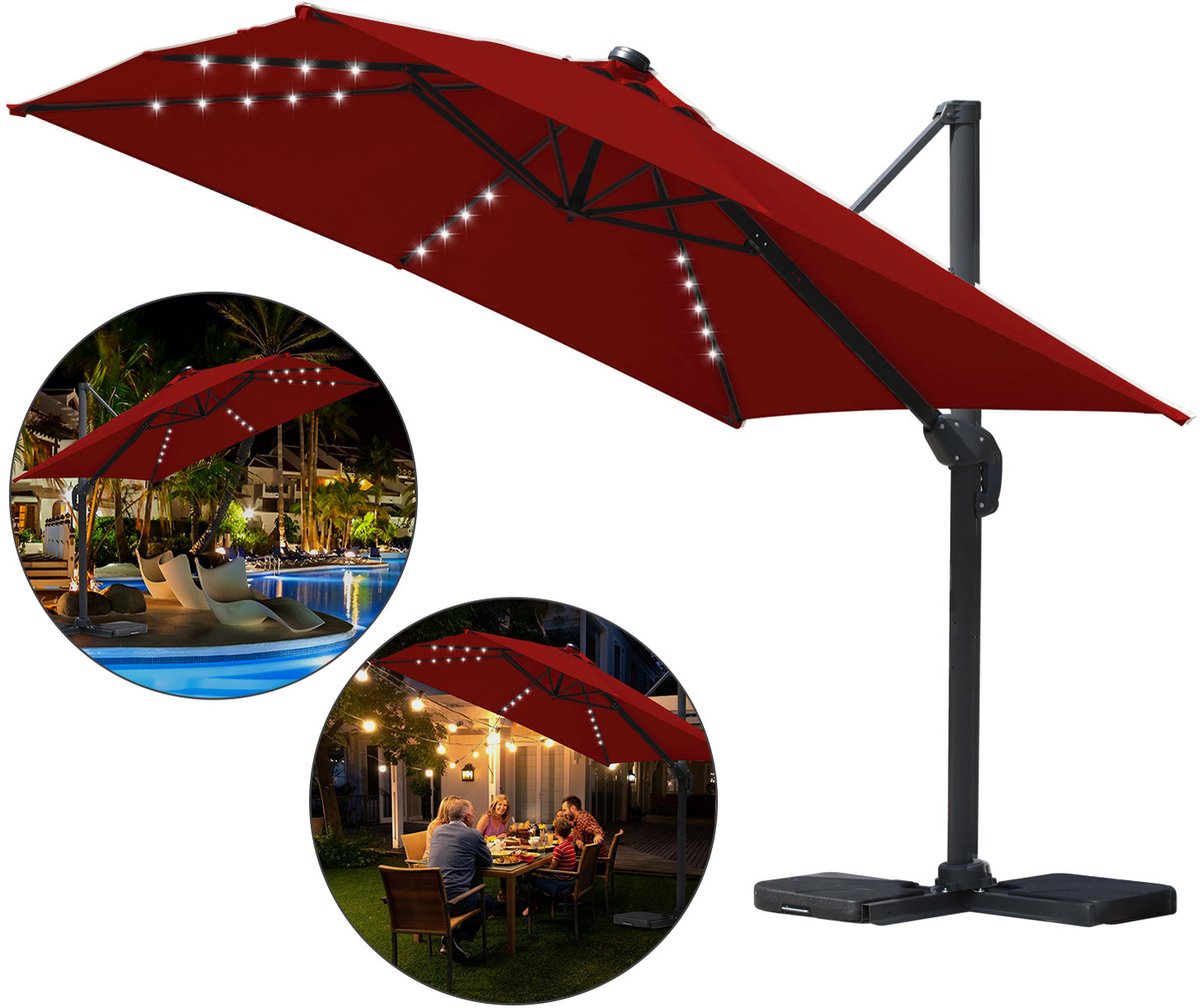 Premium Zweefparasol 300x300cm - Incl. Led - Vierkante parasol - 360 ° Draaibaar - Kantelbaar - UV werend doek - Rood (9178524815859)