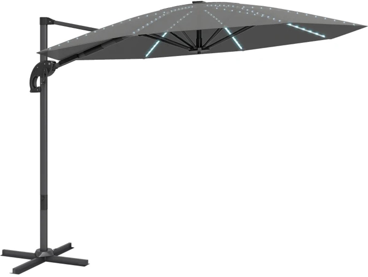 Premium Zweefparasol - Parasol met LED-zonneverlichting & Draaibare Standaard - Tuinparasol - Ø300 cm - in Hoogte Verstelbaar - UV-Bestendig - Strand, Balkon, Terras & Tuin - Donkergrijs (8721317524592)