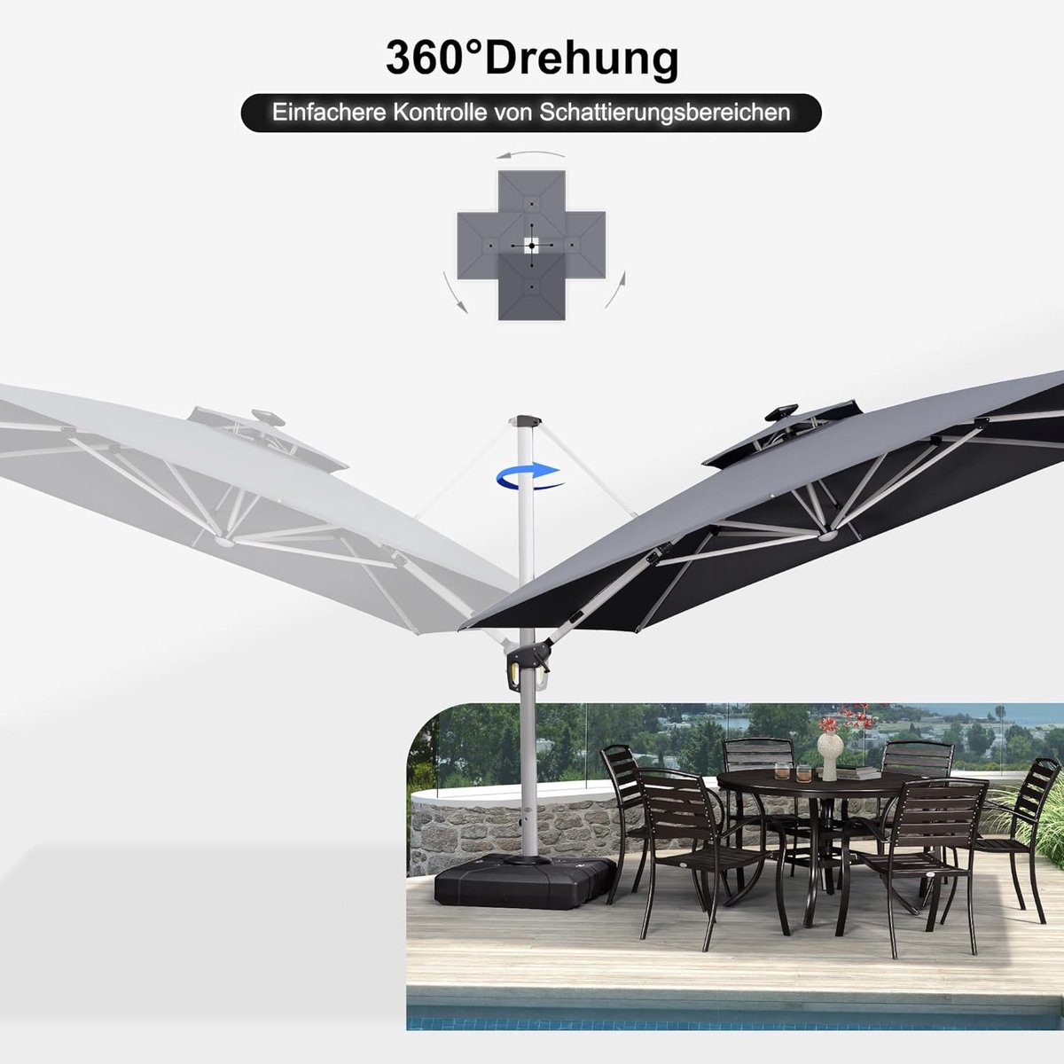 Professionele Meran Pro XXL Zweefparasol - 330 x 330 cm - Inclusief 150kg Vulbare Voet & LED-Verlichting - 360° Draaibaar - UV50+ Windvast Aluminium - Grijs (9509485495833)
