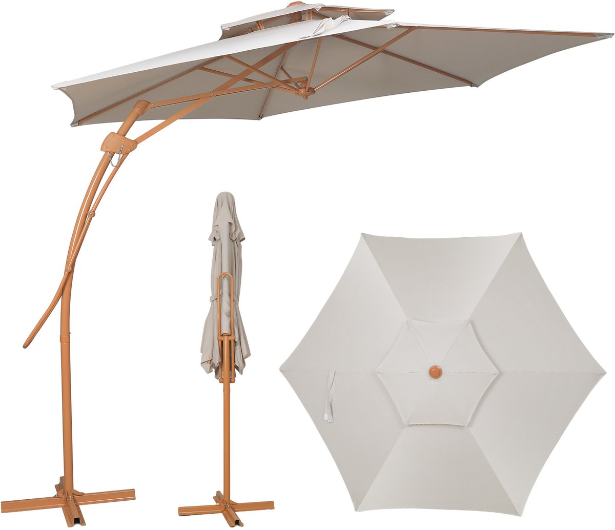 Puloumis - Zweefparasol - Ø290 cm - UV werend doek - Incl. kruisvoet - Paraplu met dubbele laag - Aluminium - Beige (6979076882152)