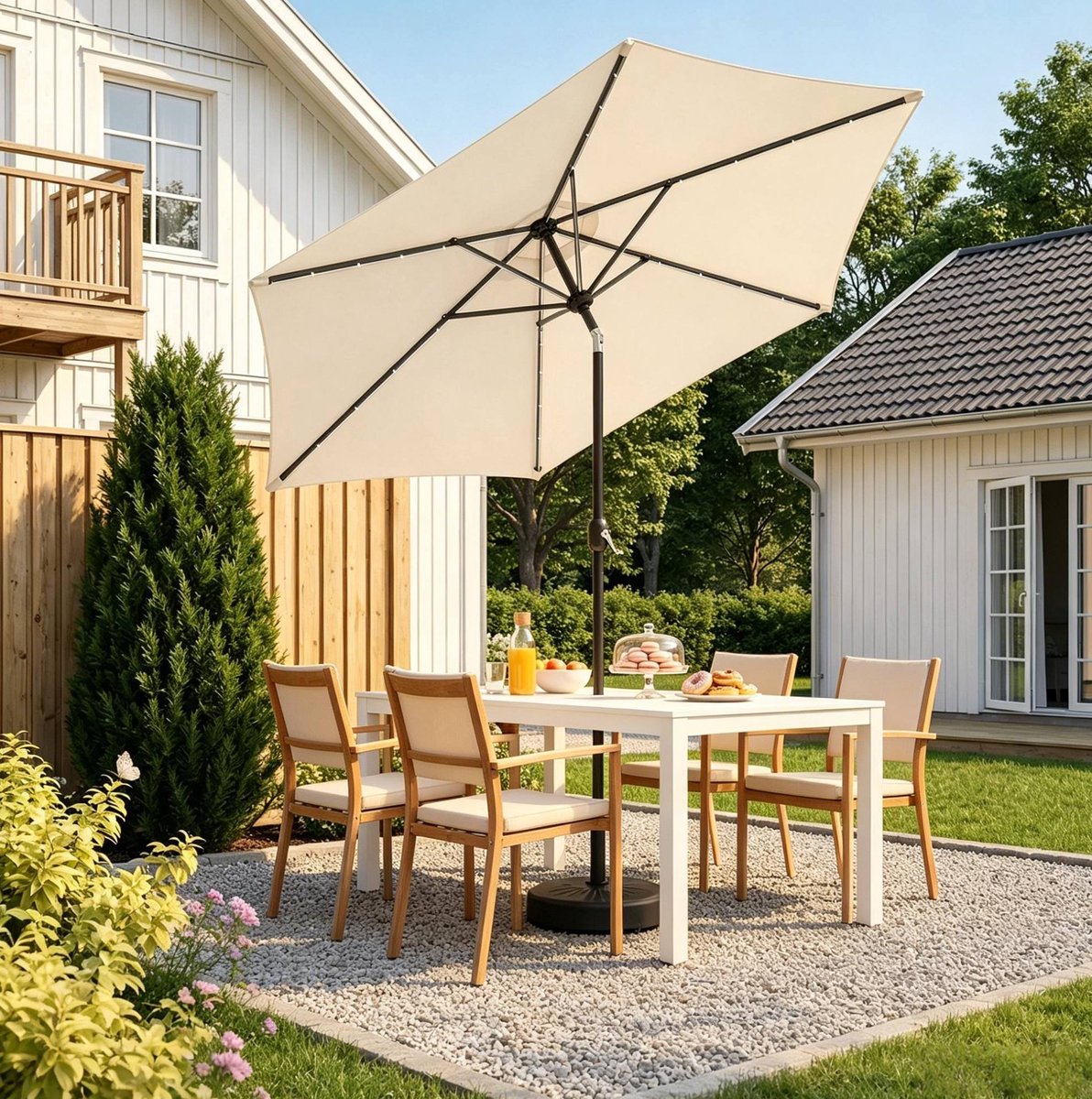 REDOM - Stokparasol met LED-verlichting - Rond - Kantelbaar 30° links/rechts - Kurbelmechanisme - Balkon en tuin - IJzer en polyester - Beige - Ø 292 x 247 cm (4070866426906)