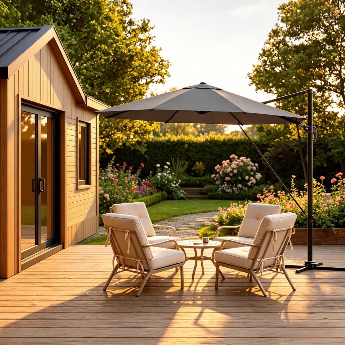 Re-purelife® zweefparasol rond 306×167×207 cm donkergrijs - 360° draaibaar, 5 standen kantelbaar, UPF 50+ zonwering, met kruisvoet en beschermhoes voor balkon, tuin en terras (9331522635304)