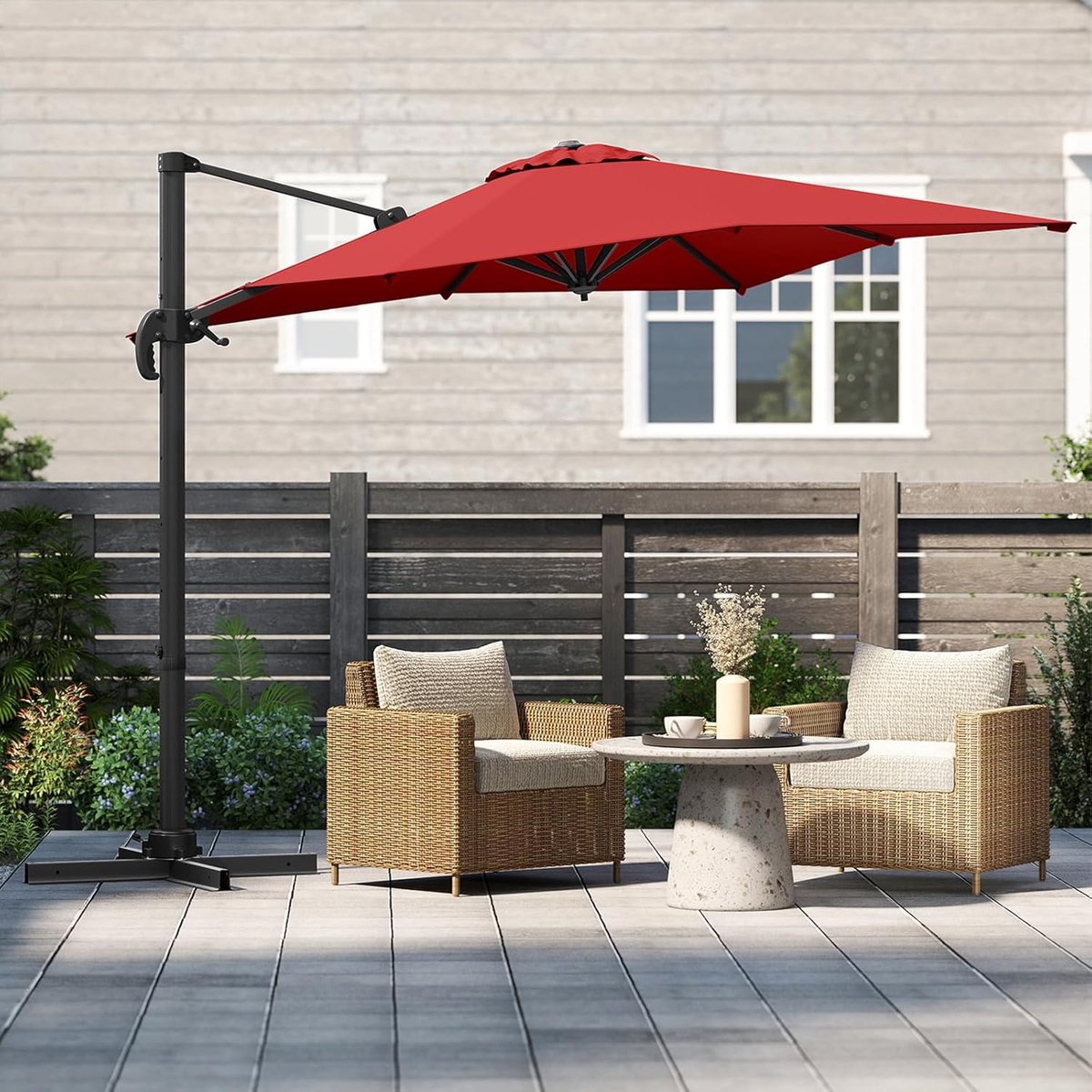 Rechthoekige Zweefparasol 250x250 cm met 360° Draaifunctie, Kantelbaar met Slinger en Standaard - UV-beschermende Tuinparasol, Waterafstotend, Aluminium Frame voor Terras, Tuin en Zwembad (9508927323628)
