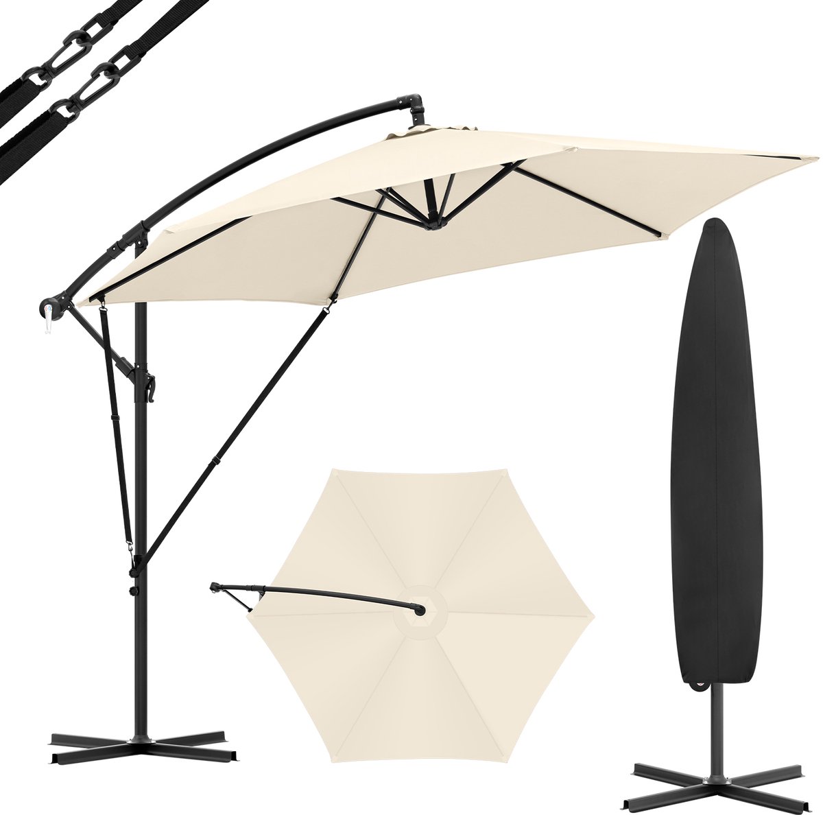 Rolu Parasol - Zweefparasol - Parasolhoes - 310 x 310 CM - Kantel- en Draaifunctie - UV Bescherming - Voetmaat 100 x 100 CM - Beige (8721527012179)