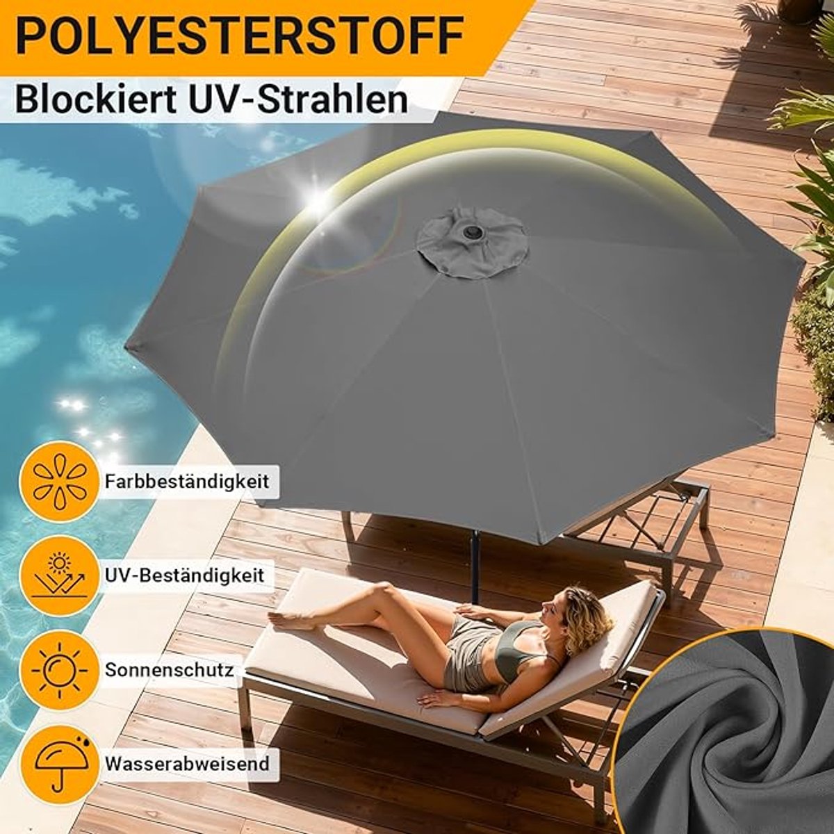 Ronde LED-Zweefparasol met Solarpanel - Ø 350 cm, Aluminium, UV40+, Waterafstotend, Beige, Bellavero Premium Terras- en Tuinparasol met Zwengel en 32 LED-lampen - Afmetingen op aanvraag - Bellavero (9509317827733)