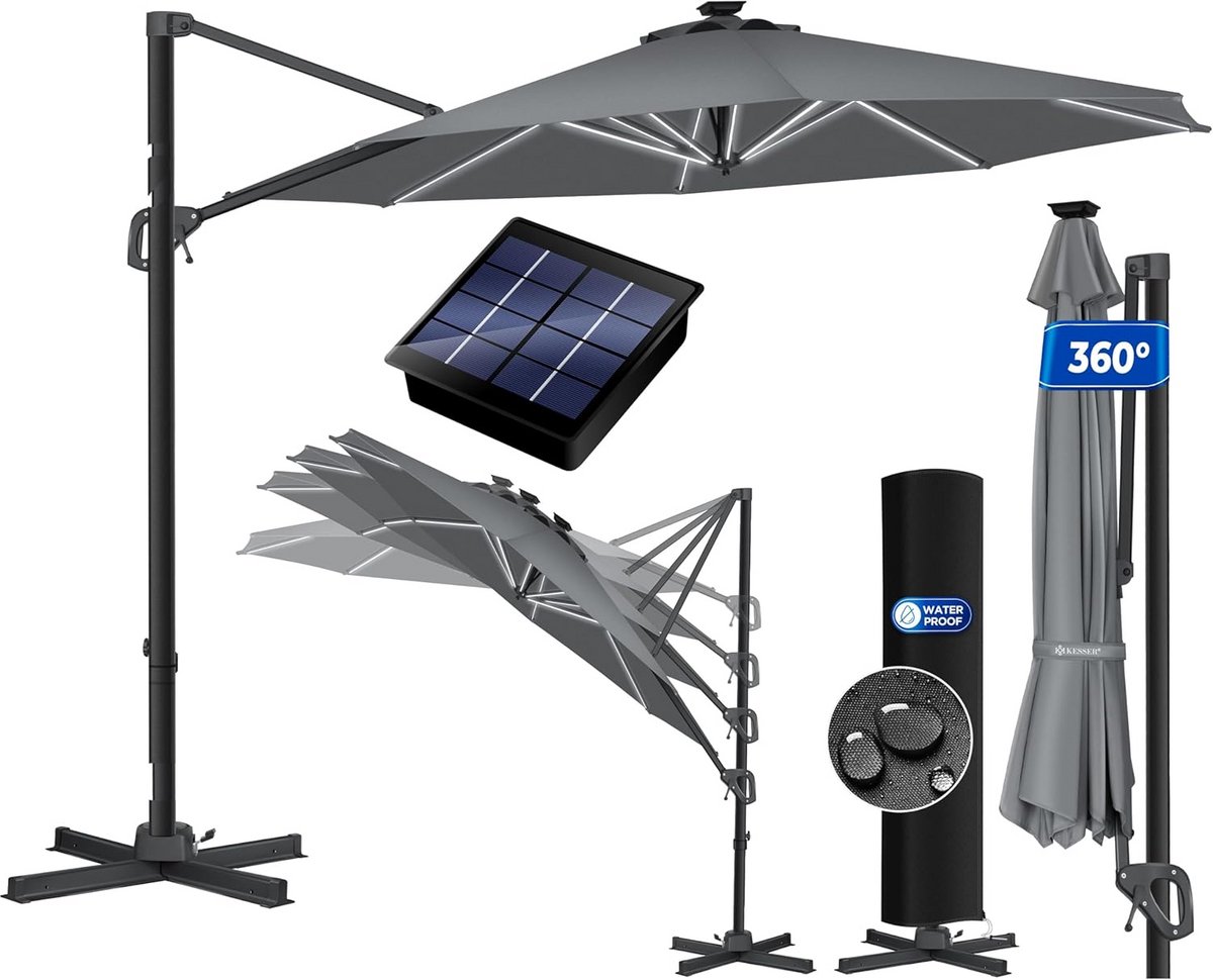 Ronde Zweefparasol 330cm met Solar LED Verlichting en Voet (9101096478757)