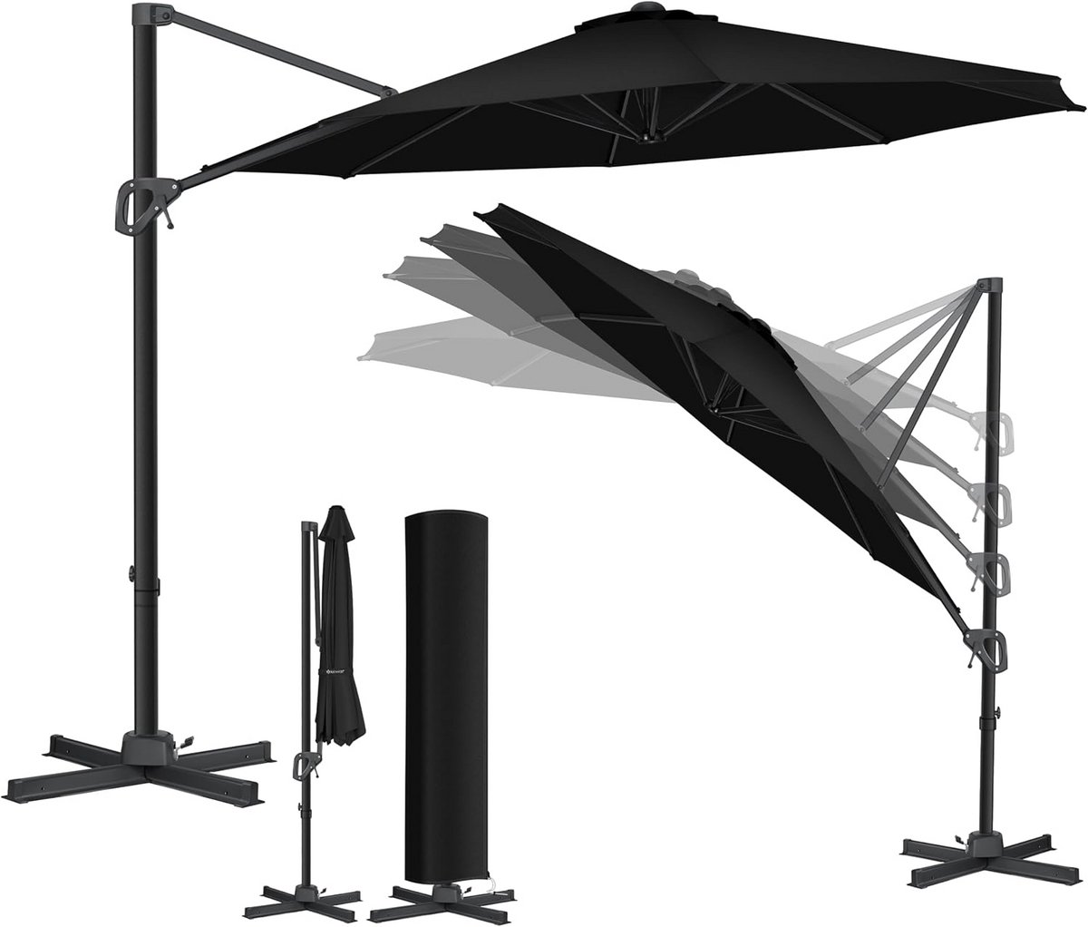 Ronde Zweefparasol Ø330 cm met Voet - 360° Draaibaar en Kantelbaar Zonnescherm (9101097613409)