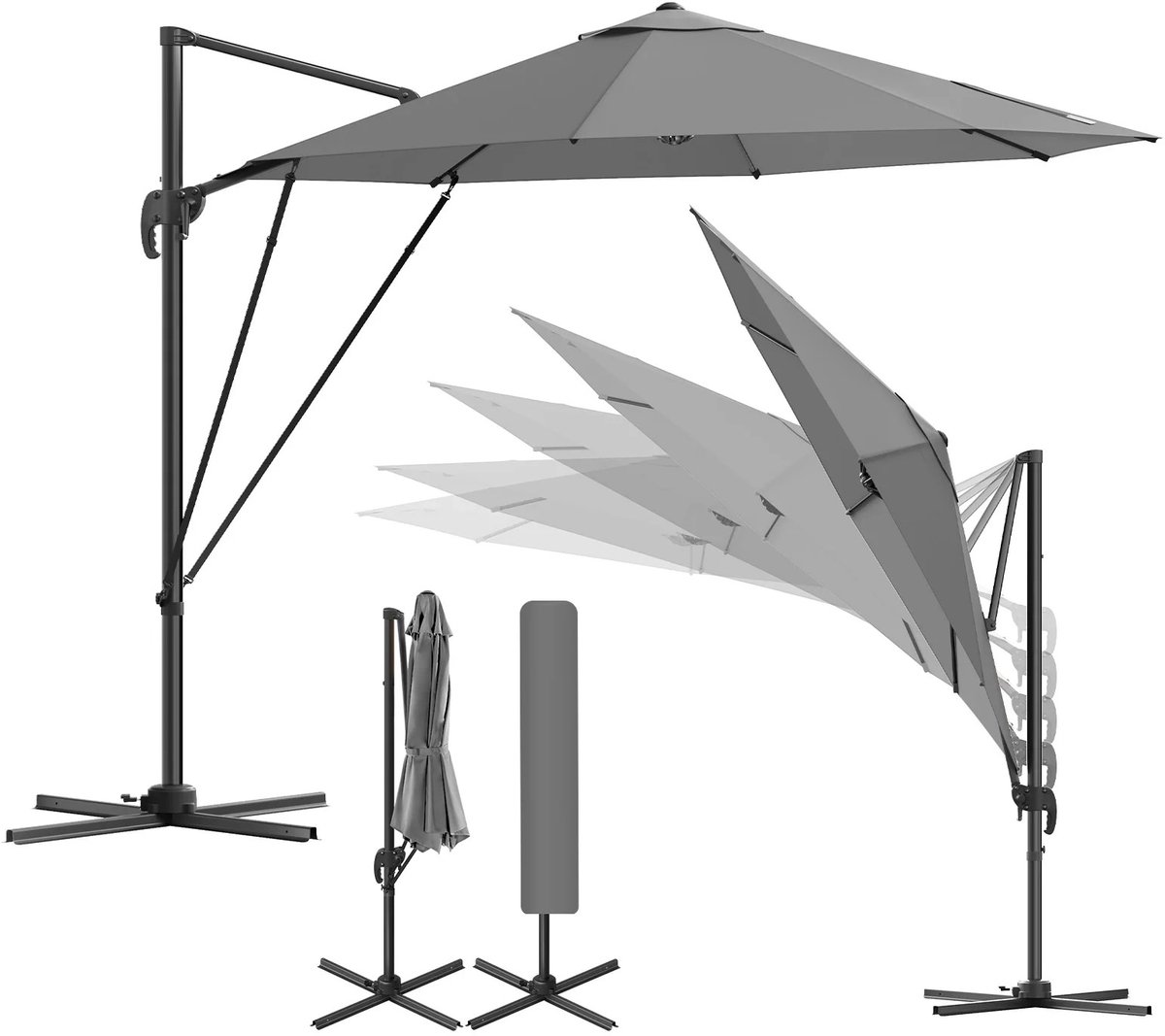 RosaBloom Parasol - Zweefparasol - Ø 300 cm - kantelbaar - Met slinger & beschermhoes - UPF 50+ Zonbescherming - Grijs (8721569952754)