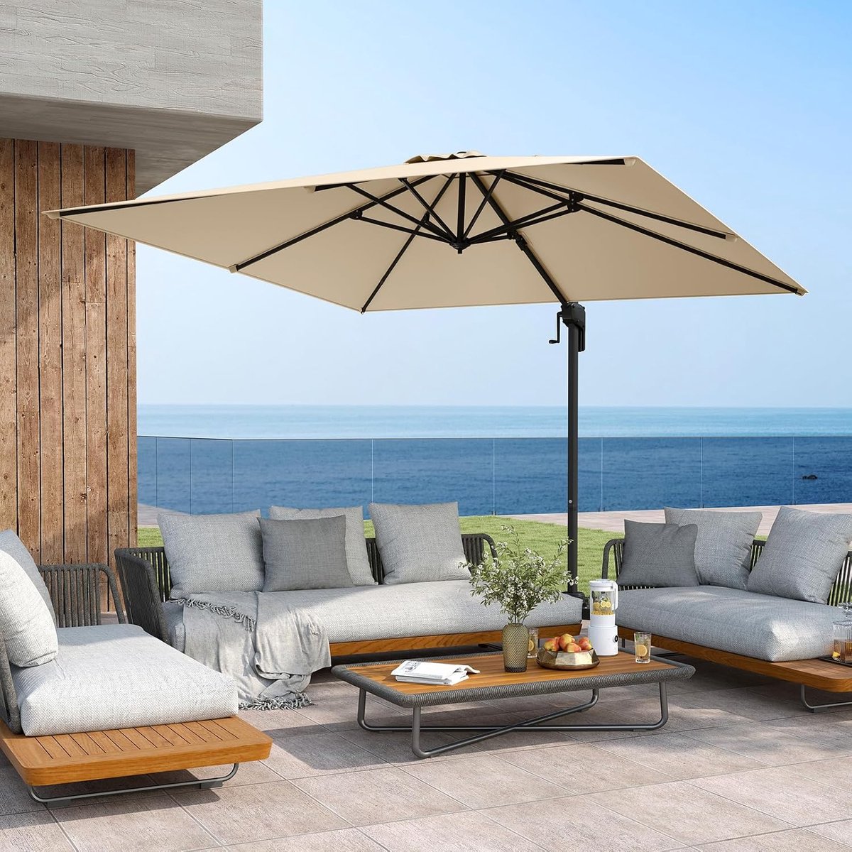 Royal-Square Luxe Zweefparasol 300 x 300 cm met 360° Rotatie en 5 Kantelstanden - UV-bestendig & Windbestendig - Geanodiseerd Aluminium Frame - Geel Beige (9507638592682)