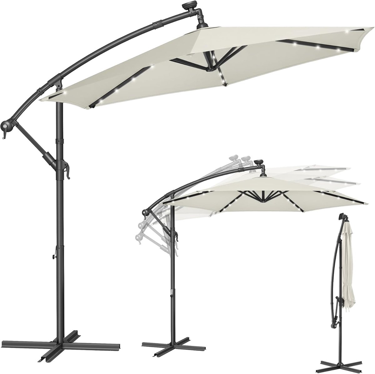 SONGMICS Parasol met LED-zonneverlichting, zweefparasol 300 cm diameter, 32 LED-lampjes, met standaard, zonbescherming voor balkon, balkonparasol, UPF 50+, met draaihendel, terras, tuin, beige GPU118M01 (3363704161086)