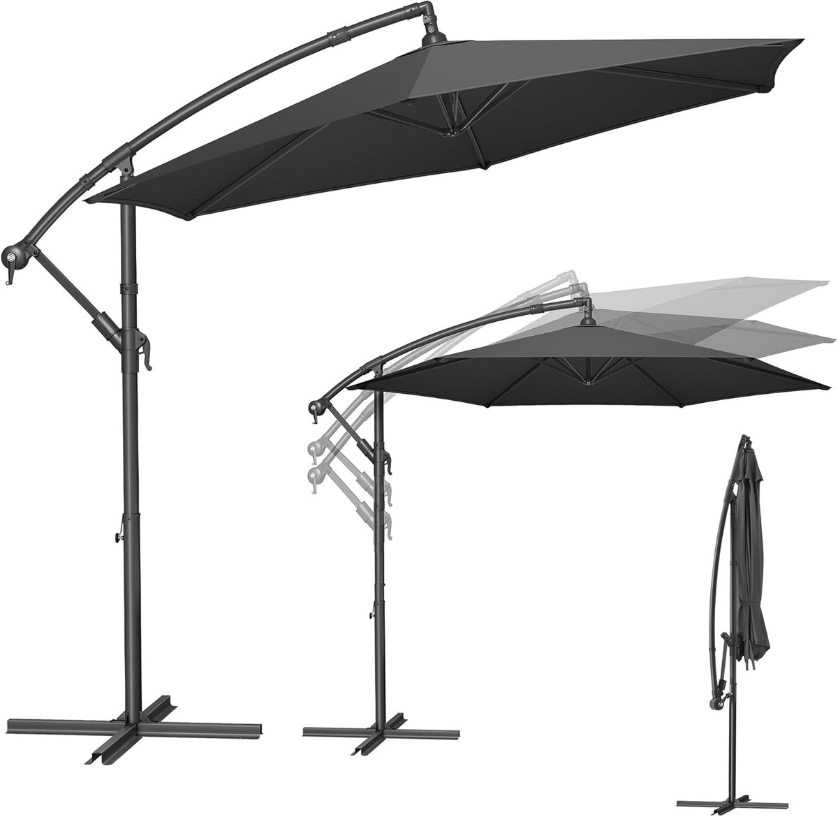 SONGMICS Parasol, zweefparasol, 300 cm, met standaard, zonwering balkon, balkonscherm, uv-bescherming UPF 50+, met zwengel voor openen en sluiten, terras, tuin, grijs (0194343036687)