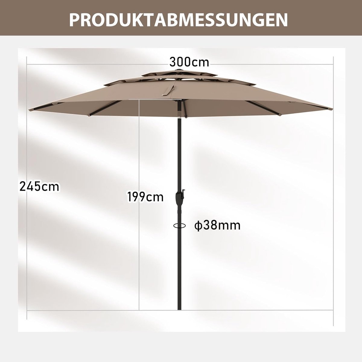 Solar LED Aluminium Zweefparasol 350 cm - Bellavero Elegante Tuin- & Terrassenparasol met Zwengel, In Hoogte Verstelbaar, 32 LEDs, UV-bescherming 40+, Waterafstotend, 8 Ribben, Stabiele Kruisvoet, ... (9509323599785)