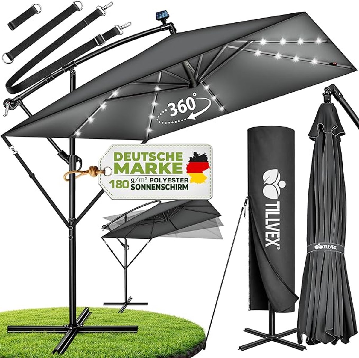 Solaris Pro Luxe Vierkante Zweefparasol - 235 x 235 cm (Ø 330 cm) - 360° Draaibaar - LED-verlichting op Zonne-energie - Inclusief Beschermhoes & Kruisvoet (9506565714358)