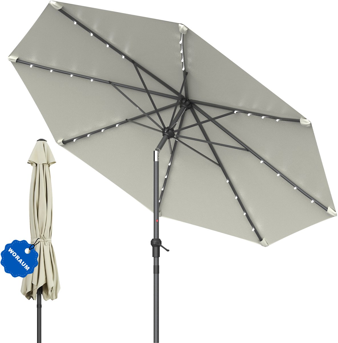 Soontrans - Parasol 300 cm - Met 24 LED-Lampjes - Tuinparasol met Kantelbaar, Balkonparasol UPF 50+ - Stokparasol 38 mm-Draagbare Terrasparasol - Marktparasol Waterdicht - Strandparasol - Slingerparasol voor Terrassen-Balkons en Zwembaden - Beige (9324622992606)
