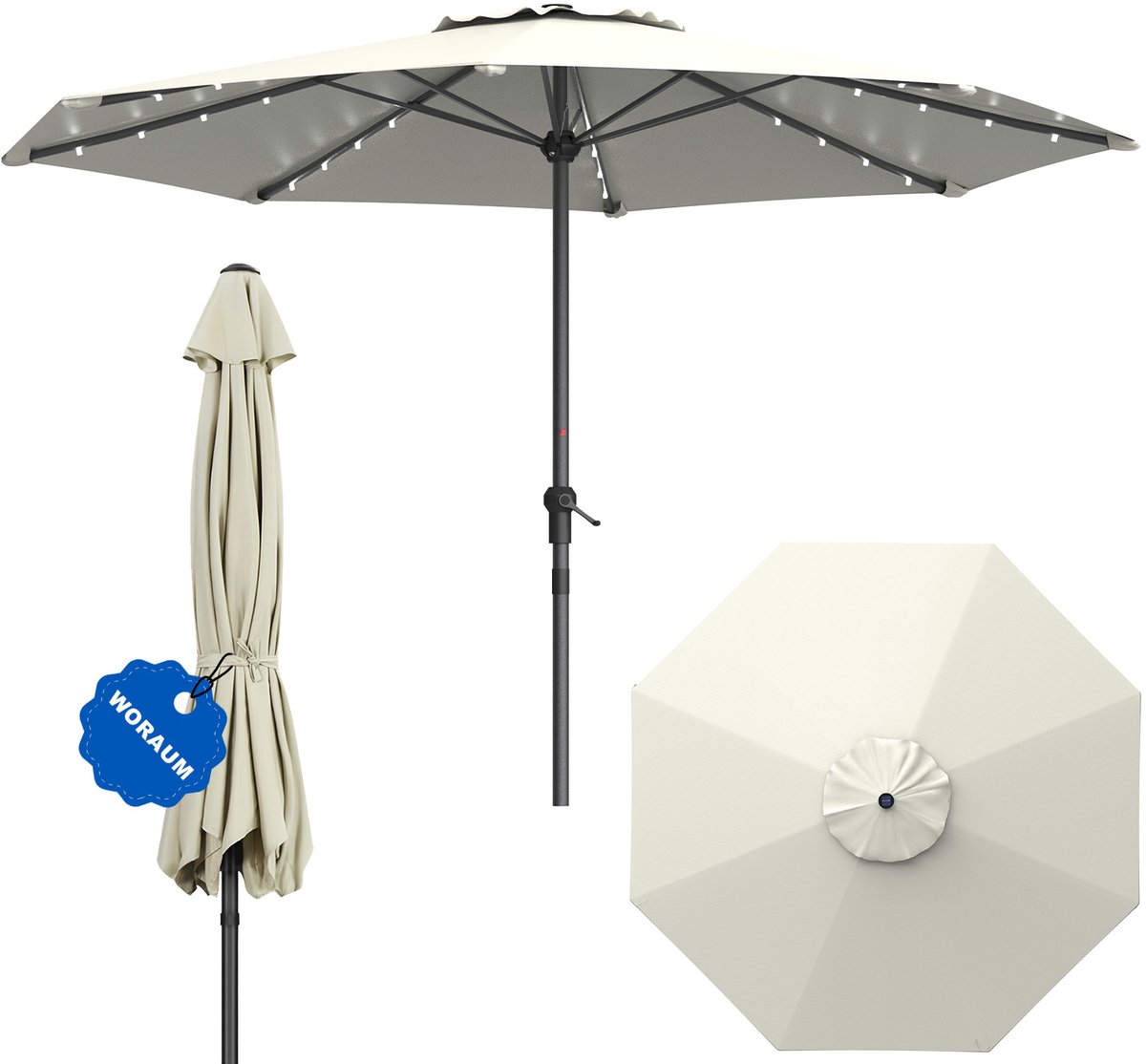 Soontrans - Parasol 350 cm - Met 32 LED-Lampjes -Tuinparasol Niet kantelbaar - Balkonparasol UPF 50+ - Stokparasol 38 mm-Draagbare Terrasparasol -Marktparasol Waterdicht - Strandparasol -Slingerparasol voor Terrassen-Balkons en Zwembaden -Beige (9324622992651)
