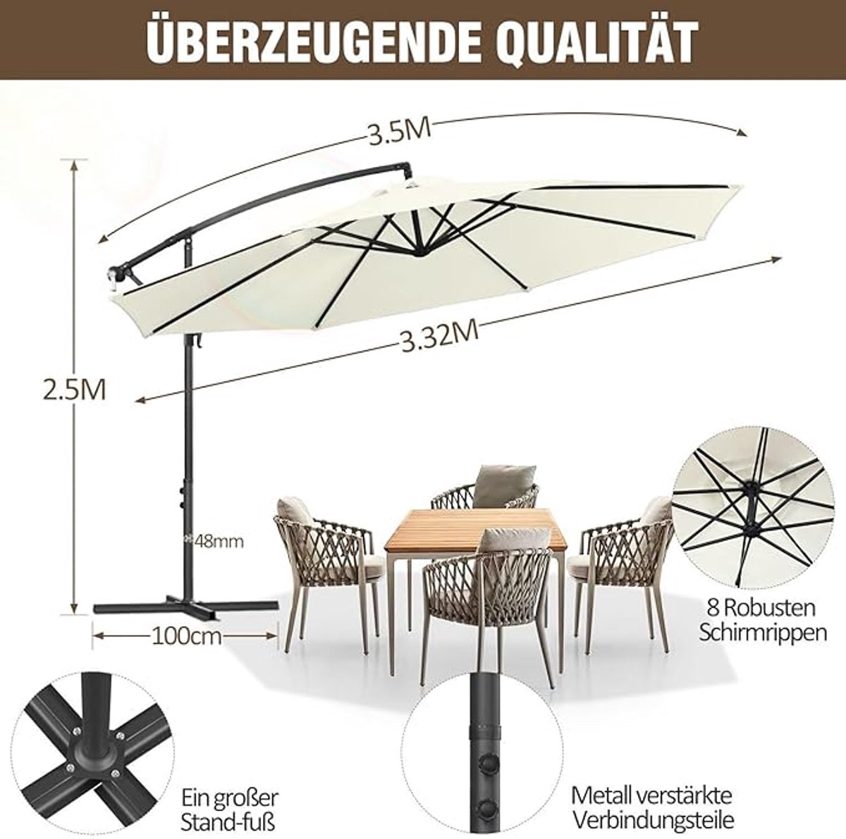Stokparasol met LED-verlichting Rond 300 cm terrasparasol, windbestendig en knikbaar, zonne-energie LED, marineblauw, patio parasol voor tuin en balkon - Afmetingen op aanvraag - Bellavero (9506518843999)